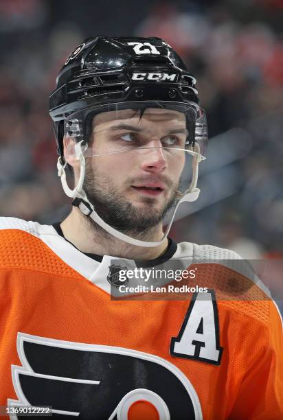 Scott Laughton of the Philadelphia Flyers looks on against the Winnipeg Jets at the Wells Fargo Center on February 1, 2022 in Philadelphia,...