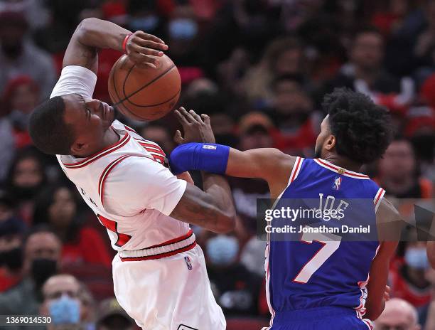 Javonte Green of the Chicago Bulls is fouled by Isaiah Joe of the Philadelphia 76ers as he shoot at the United Center on February 06, 2022 in...