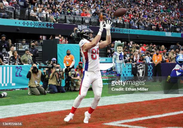 Mark Andrews of the Baltimore Ravens catches the ball for a touchdown in the first half of the game against the NFC during the 2022 NFL Pro Bowl at...