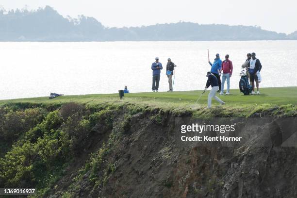Jordan Spieth of the United States plays his second shot on the eighth hole during the third round of the AT&T Pebble Beach Pro-Am at Pebble Beach...