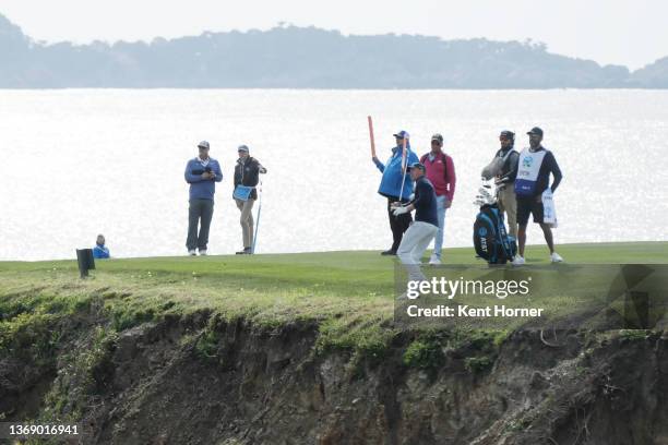 Jordan Spieth of the United States plays his second shot on the eighth hole during the third round of the AT&T Pebble Beach Pro-Am at Pebble Beach...