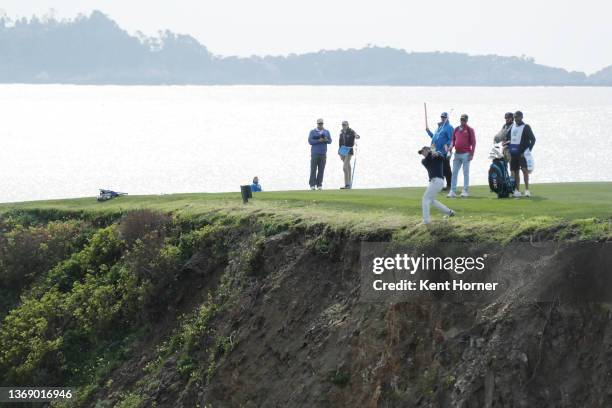 Jordan Spieth of the United States plays his second shot on the eighth hole during the third round of the AT&T Pebble Beach Pro-Am at Pebble Beach...