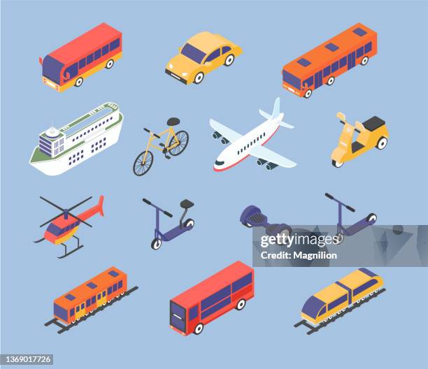 ilustraciones, imágenes clip art, dibujos animados e iconos de stock de tipos de vector isométrico de transporte - proyección isométrica