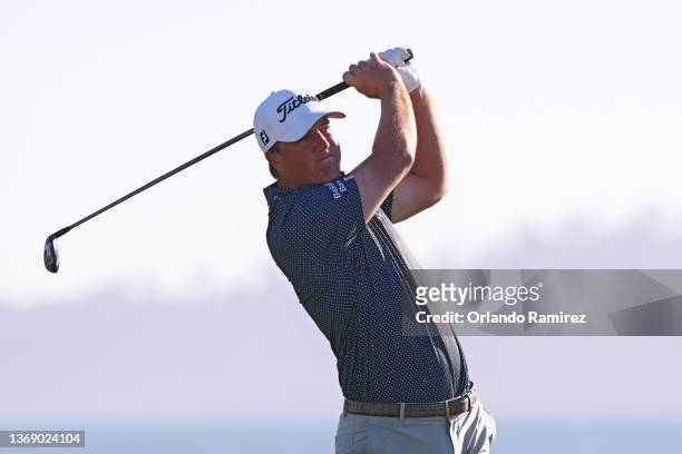 Tom Hoge of the United States plays his shot from the 18th tee during the final round of the AT&T Pebble Beach Pro-Am at Pebble Beach Golf Links on...