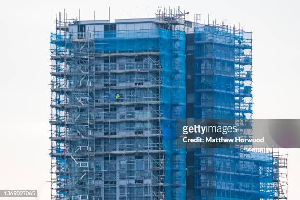 Scaffolding surrounds buildings at Prospect Place as cladding is removed on January 26, 2022 in Cardiff, Wales.