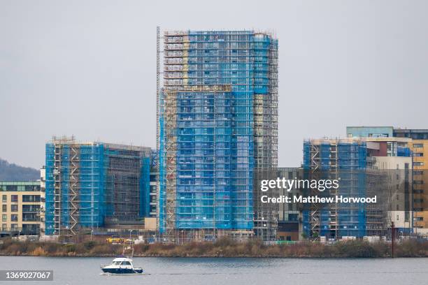 Scaffolding surrounds buildings at Prospect Place as cladding is removed on January 26, 2022 in Cardiff, Wales.