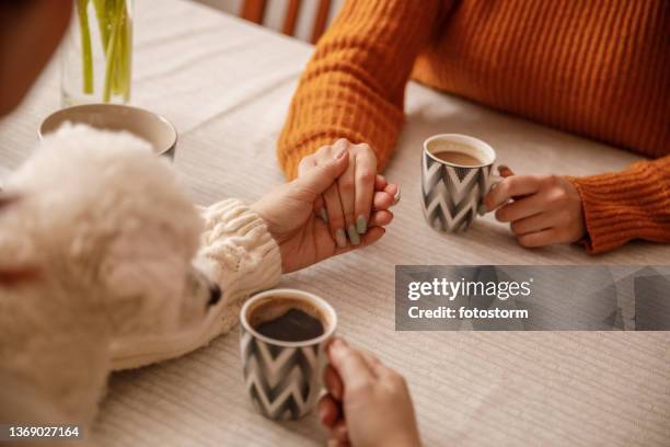 woman holding hands with her daughter while having coffee together - representing stock pictures, royalty-free photos & images
