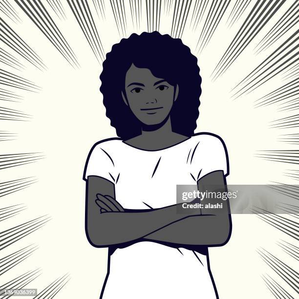 young black woman with afro hairstyle in casual clothes with crossed arms looking into the distance, front view, comics effects lines background - curly hair cartoon girl stock illustrations