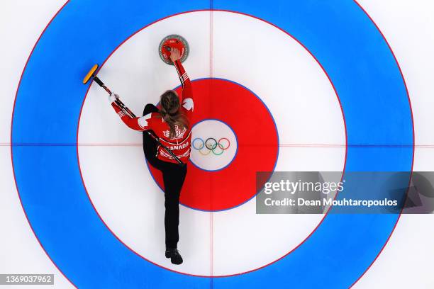 Rachel Homan of Team Canada competes against Team Italy during the Curling Mixed Doubles Round Robin on Day 3 of the Beijing 2022 Winter Olympics at...
