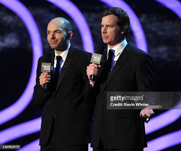Hosts Paul Scheer and Rob Huebel speak onstage during the 17th Annual Critics' Choice Movie Awards held at The Hollywood Palladium on January 12,...