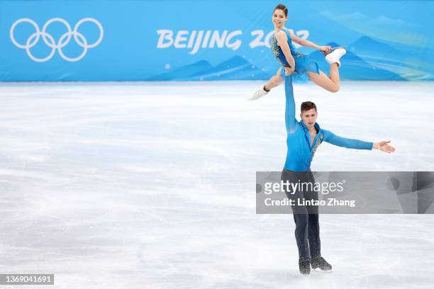 Anastasia Mishina and Aleksandr Galliamov of Team ROC skate during the Pair Skating Free Skating Team Event on day three of the Beijing 2022 Winter...