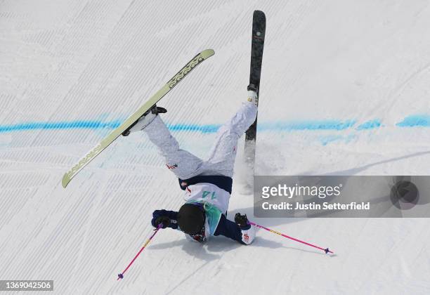 Maggie Voisin of Team United States falls on landing after performing a trick during the Women's Freestyle Skiing Freeski Big Air Qualification on...