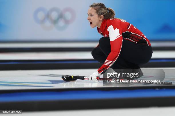 Rachel Homan of Team Canada reacts against Team Italy during the Curling Mixed Doubles Round Robin on Day 3 of the Beijing 2022 Winter Olympics at...