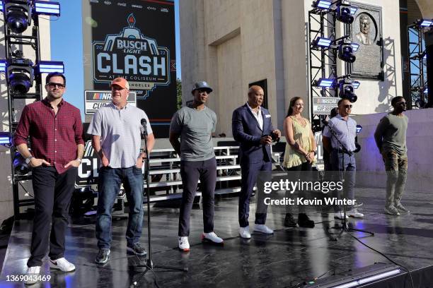 Matt Leinart, Jim Abbott, Eric Dickerson, Greg Townsend, Misty May-Treanor, David Roberts and Reggie Bush speak onstage during NASCAR's Busch Light...