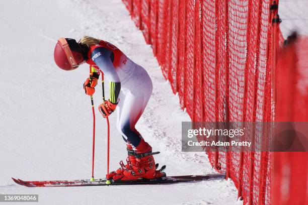 Mikaela Shiffrin of Team United States reacts after not finishing her run during the Women's Giant Slalom on day three of the Beijing 2022 Winter...