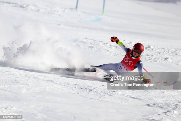 Mikaela Shiffrin of Team United States falls during the Women's Giant Slalom on day three of the Beijing 2022 Winter Olympic Games at National Alpine...
