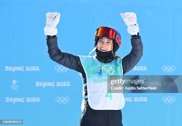 Ailing Eileen Gu of Team China reacts after their run during the Women's Freestyle Skiing Freeski Big Air Qualification on Day 3 of the Beijing 2022...