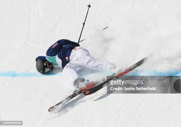Caroline Claire of Team United States falls on landing after performing a trick during the Women's Freestyle Skiing Freeski Big Air Qualification on...