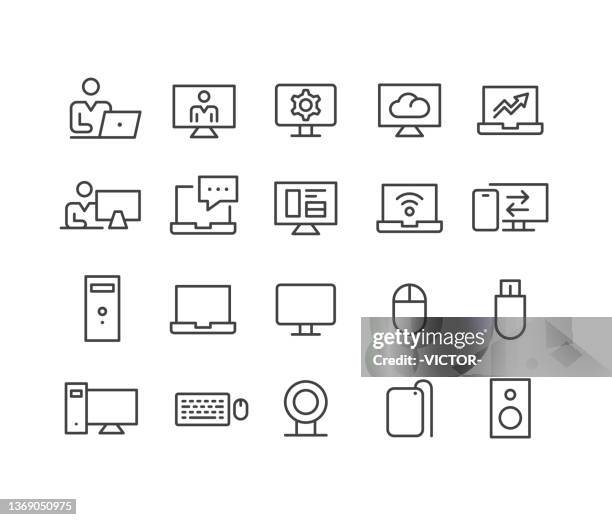 using computers icons set - classic line series - desktop computer icon stock illustrations