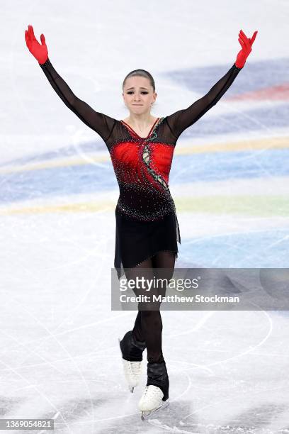 Kamila Valieva of Team ROC reacts during the Women Single Skating Free Skating Team Event on day three of the Beijing 2022 Winter Olympic Games at...