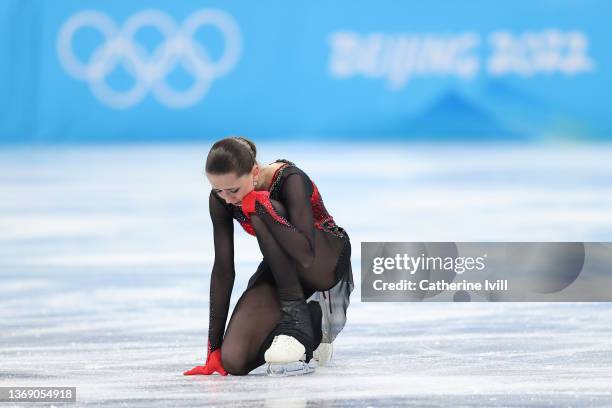 Kamila Valieva of Team ROC reacts during the Women Single Skating Free Skating Team Event on day three of the Beijing 2022 Winter Olympic Games at...