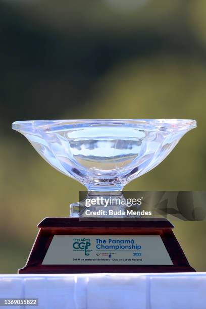 View of the winners trophy displayed on the 18th green during the final round of The Panama Championship at Panama Golf Club on February 6, 2022 in...