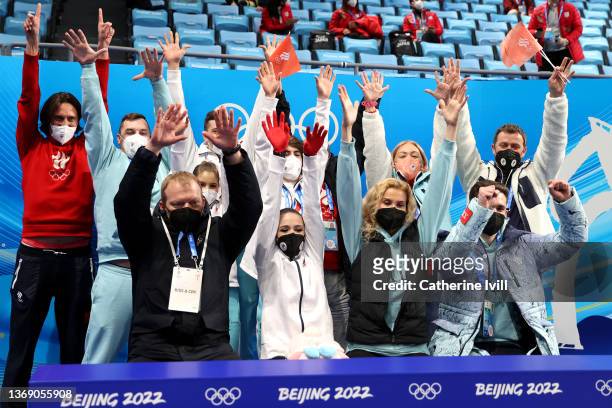 Kamila Valieva of Team ROC reacts to their score during the Women Single Skating Free Skating Team Event on day three of the Beijing 2022 Winter...