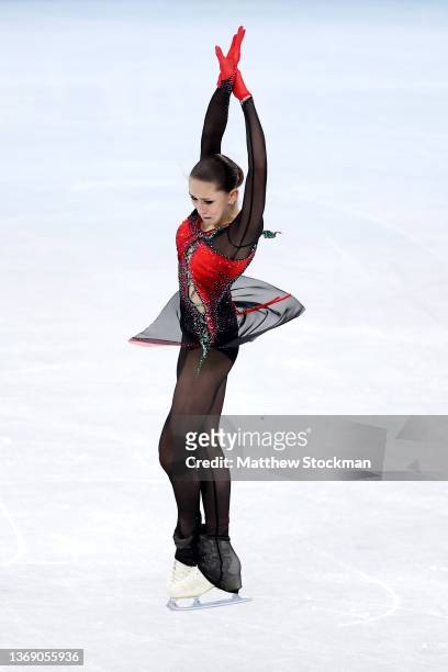 Kamila Valieva of Team ROC skates during the Women Single Skating Free Skating Team Event on day three of the Beijing 2022 Winter Olympic Games at...