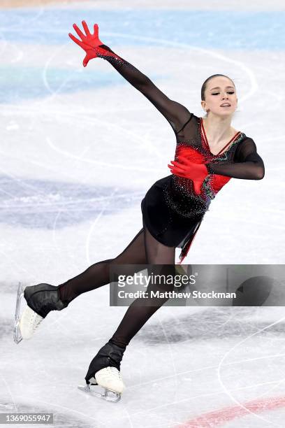 Kamila Valieva of Team ROC skates during the Women Single Skating Free Skating Team Event on day three of the Beijing 2022 Winter Olympic Games at...