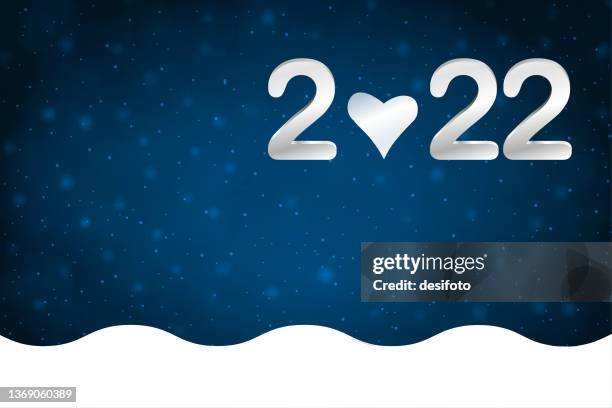 white colored text 2022 and a heart over dark midnight navy blue horizontal festive glowing glittering smudged vector backgrounds for love theme valentine day greeting cards, posters and banners with a wave pattern border at the bottom - white snowflake border stock illustrations