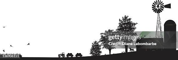 illustrations, cliparts, dessins animés et icônes de scène de la ferme silhouette noire de bâtiments, moulin à vent, des arbres et de tracteur - structure actionnée par le vent
