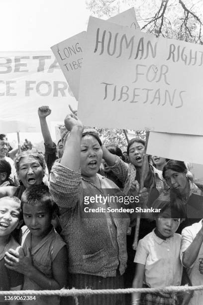 Tibetan refugees protesting outside Chinese Embassy in New Delhi, India March 1981.