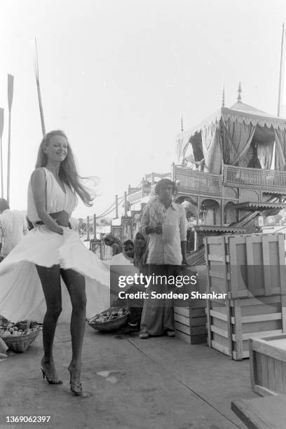 Swedish actress Kristina Wayborn on the sets of shooting for film Octopussy, the 13th in James Bond series at Lake Palace in Udaipur, Rajasthan,...