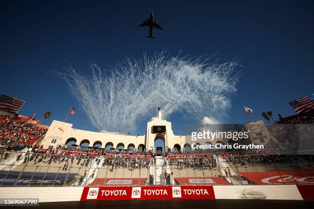 View of the flyover during the national anthem prior to the start of the NASCAR Cup Series Busch Light Clash at the Los Angeles Memorial Coliseum on...