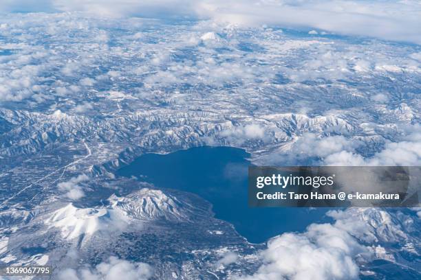 shikotsu toya national park in hokkaido of japan aerial view from airplane - hokkaido city stock pictures, royalty-free photos & images