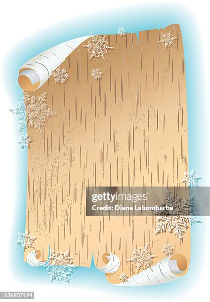 birch bark with snowflakes - tree bark stock illustrations