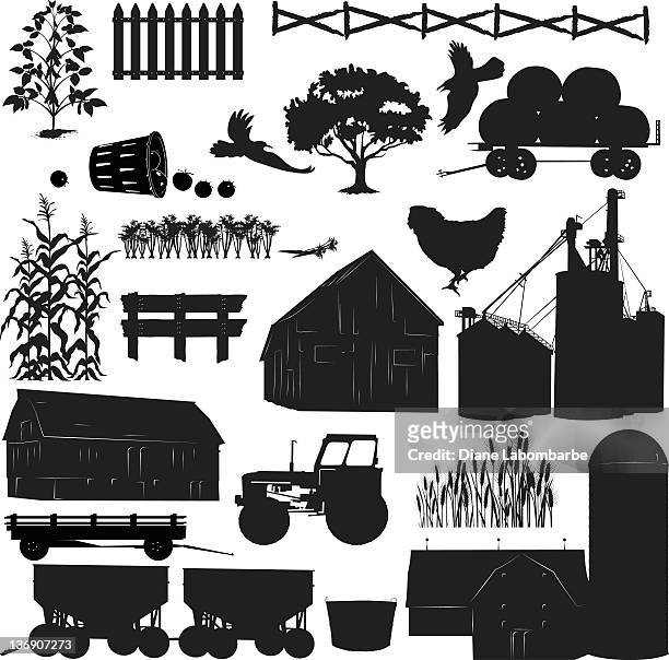 bildbanksillustrationer, clip art samt tecknat material och ikoner med large set of farm and agriculture elements black icon silhouettes. - silo