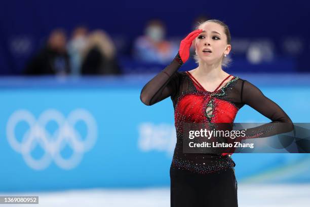 Kamila Valieva of Team ROC reacts during the Women Single Skating Free Skating Team Event on day three of the Beijing 2022 Winter Olympic Games at...