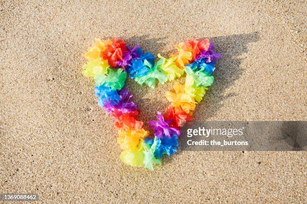 high angle view of a hawaiian lei in heart shape in rainbow colors on the beach - hawaiian lei stockfoto's en -beelden