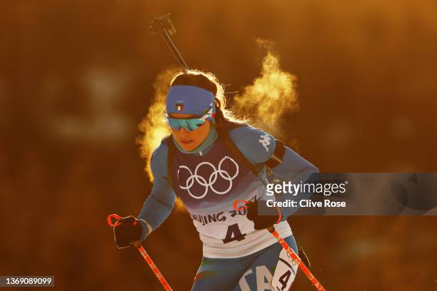Dorothea Wierer of Team Italy skis during Women's Biathlon 15km Individual at National Biathlon Centre on February 07, 2022 in Zhangjiakou, China.