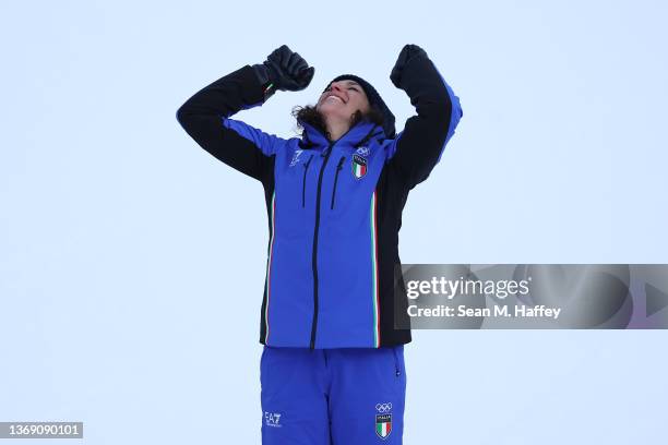 Silver medallist Federica Brignone of Team Italy celebrates during the Women’s Giant Slalom medal ceremony on day three of the Beijing 2022 Winter...