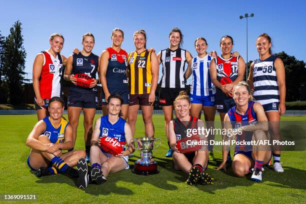 Captains Deanna Jolliffe of the Southern Saints, Ally Bild of Carlton, Sammie Johnson of Casey, Tam Luke of Hawthorn, Sarah King of Collingwood,...