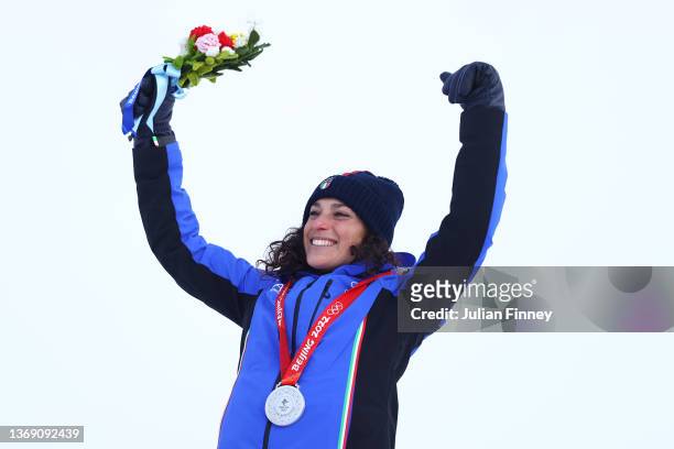Silver medallist Federica Brignone of Team Italy celebrates during the Women’s Giant Slalom medal ceremony on day three of the Beijing 2022 Winter...
