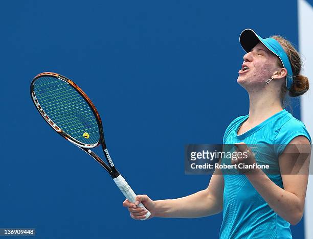 Mona Barthel of Germany celebrates her win againsts Angelique Kerber of Germany during the singles semi final match on day six of the 2012 Hobart...