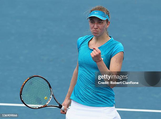 Mona Barthel of Germany celebrates a point againsts Angelique Kerber of Germany during the singles semi final match on day six of the 2012 Hobart...