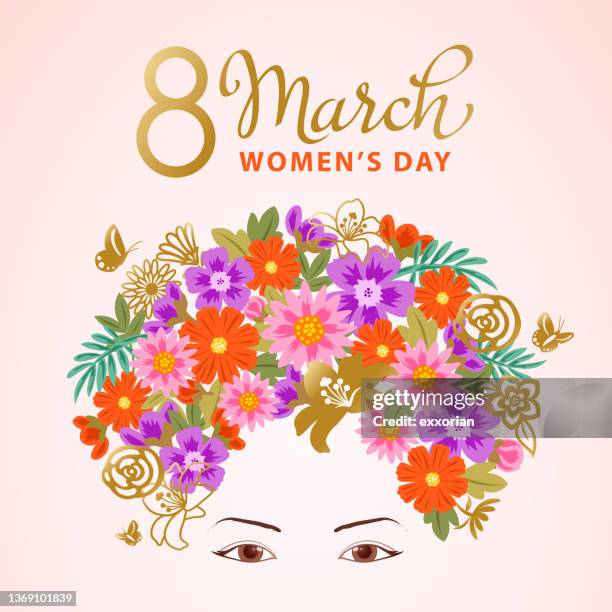 ilustraciones, imágenes clip art, dibujos animados e iconos de stock de cabeza de flores del día de la mujer - march month