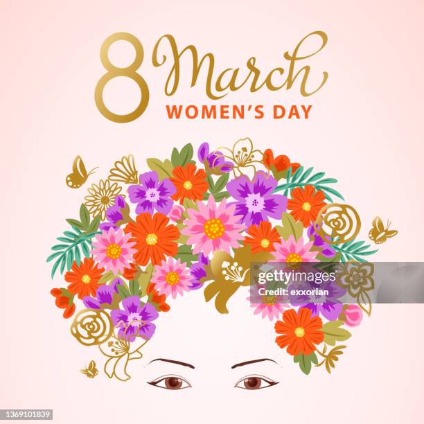 ilustraciones, imágenes clip art, dibujos animados e iconos de stock de cabeza de flores del día de la mujer - marzo