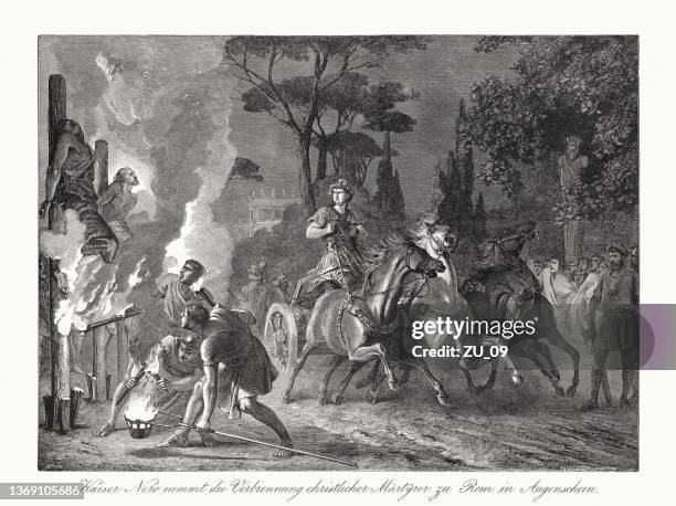 burning of christian martyrs by emperor nero, woodcut, published i1862 - chariot stock illustrations