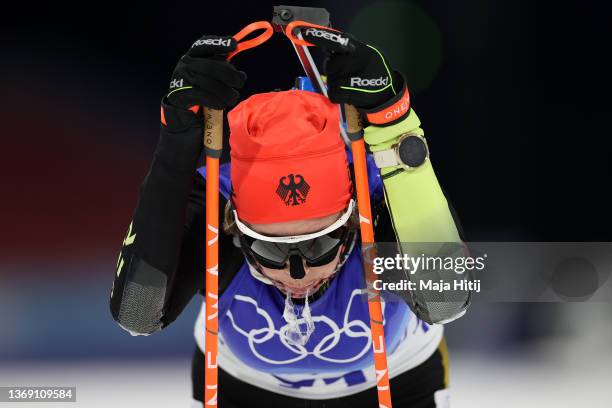 Franziska Preuss of Team Germany reacts during Women's Biathlon 15km Individual at National Biathlon Centre on February 07, 2022 in Zhangjiakou,...