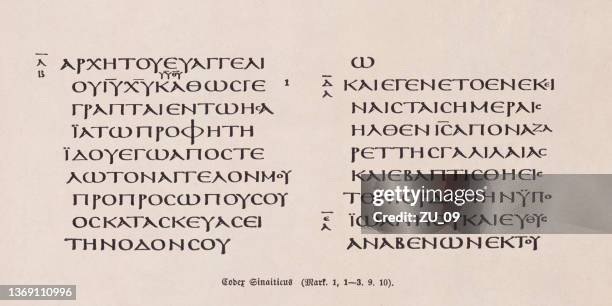 illustrations, cliparts, dessins animés et icônes de exemple d’un manuscrit de la bible grecque, codex sinaiticus, fac-similé, 1862 - nouveau testament